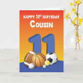 Carte Cousin Boy 11ème anniversaire Balles de sport (Fleur jaune)