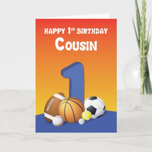 Carte Cousin Boy 1er Anniversaire Sports Balls (Devant)