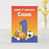 Carte Cousin Boy 1er Anniversaire Sports Balls (Fleur jaune)