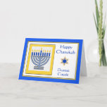 Carte Cousin Chanukah Menorah contemporaine<br><div class="desc">Happy Chanukah Dearest Cousin,  menorah contemporain avec bougies bleues,  carte de voeux en papier. Illustration numérique avec une menorah éclairée et une étoile de David. Copyright © Shoaff Ballanger Studios,  2024.</div>