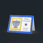 Carte Cousin Chanukah Menorah contemporaine<br><div class="desc">Happy Chanukah Dearest Cousin,  menorah contemporain avec bougies bleues,  carte de voeux en papier. Illustration numérique avec une menorah éclairée et une étoile de David. Copyright © Shoaff Ballanger Studios,  2024.</div>