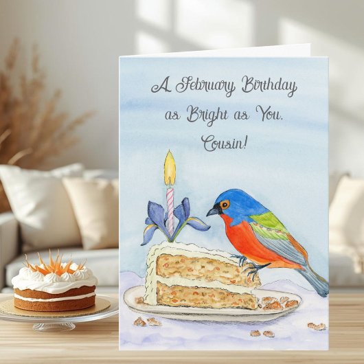 Carte Cousin Happy February Birthday Painted Bunting