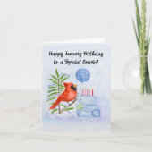 Carte Cousin Happy January Birthday Cardinal with Cake (Devant)