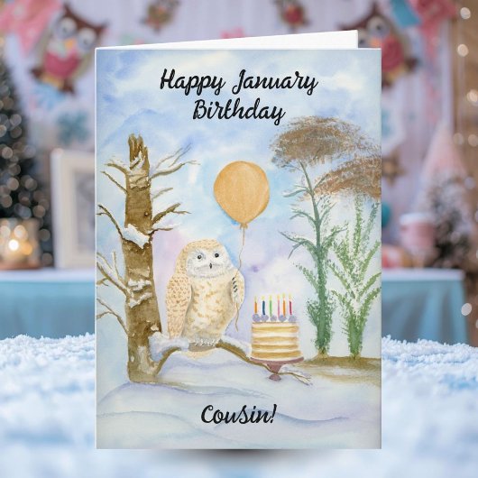 Carte Cousin Happy January Birthday Owl Cake