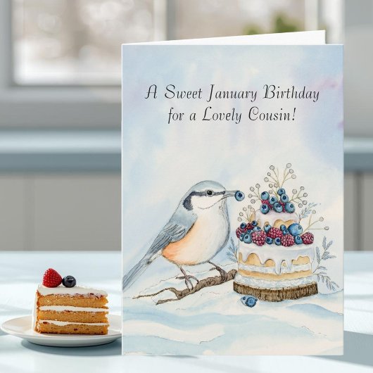 Carte Cousin Happy January Birthday Red Breasted Bird