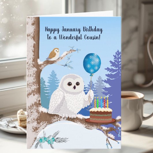 Carte Cousin Happy January Birthday Snowy Owl