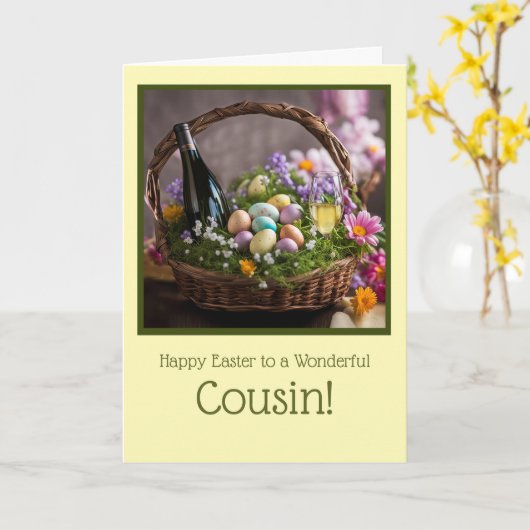 Carte Cousin Joyeuses Pâques Humoristique avec Vin (Fleur jaune)