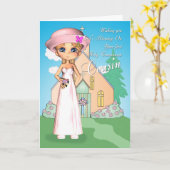 Carte Cousin première communion sainte petite fille et é (Fleur jaune)