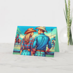 Carte Cowboy et Cowgirl de l'Ouest regardant des cavalie