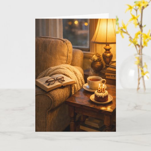 Carte Cozy 80th Birthday Tea & Reading Corner  (Fleur jaune)