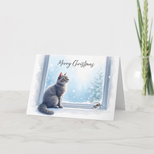 Carte Cozy Cat and Mouse by Window Christmas Watercolor  (Devant)