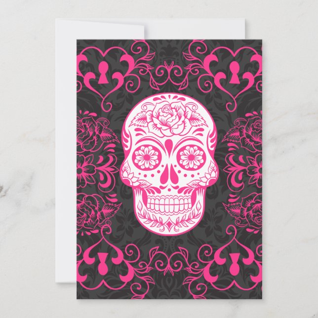 Carte Crâne à sucre noir rose chaud Rose Grunge gothique (Devant)