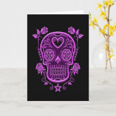 Carte Crâne de sucre pourpre avec Roses sur noir (Fleur jaune)