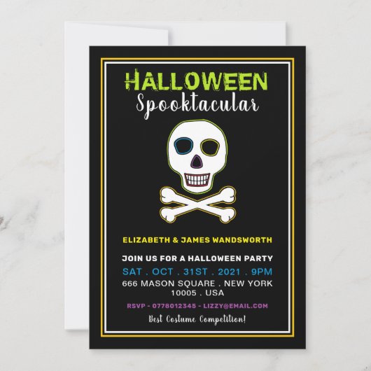 Carte Crâne & Os, Soirée Néon Halloween (Devant)