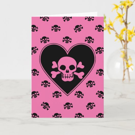 Carte Crâne rose dans le coeur (Fleur jaune)