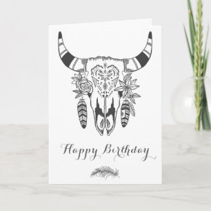 Carte Crâne Tribal Boho Gris et Blanc Anniversaire Bohèm