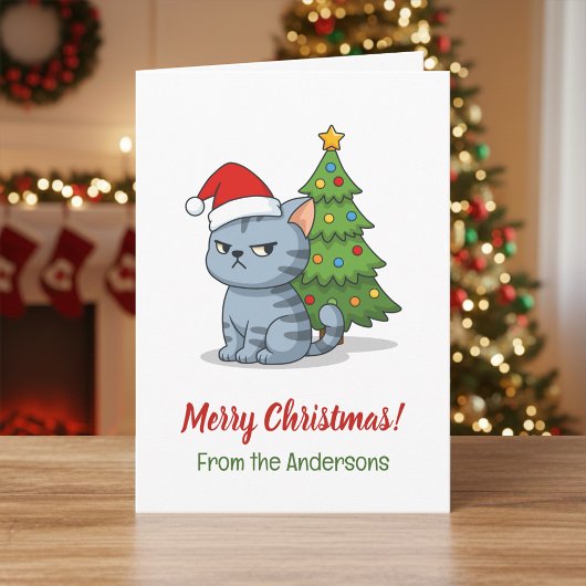 Carte Cranky Grey Tabby Cat Red Hat Christmas Tree