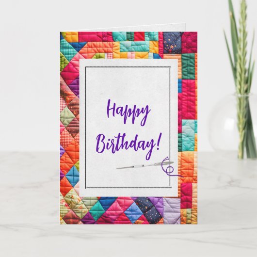 Carte Crazy Quilt et Aiguille Pour Anniversaire (Devant)