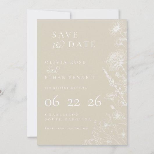 Carte Cream Botanical Minimal Wedding Save the Date (Devant)