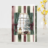 Carte Cream Burgundy Red Stripes Window Tree Christmas (Fleur jaune)