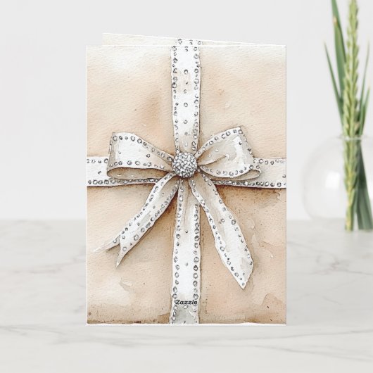 Carte Crème Blanc Argent Glitzy Glam Bow Noël (Dos)