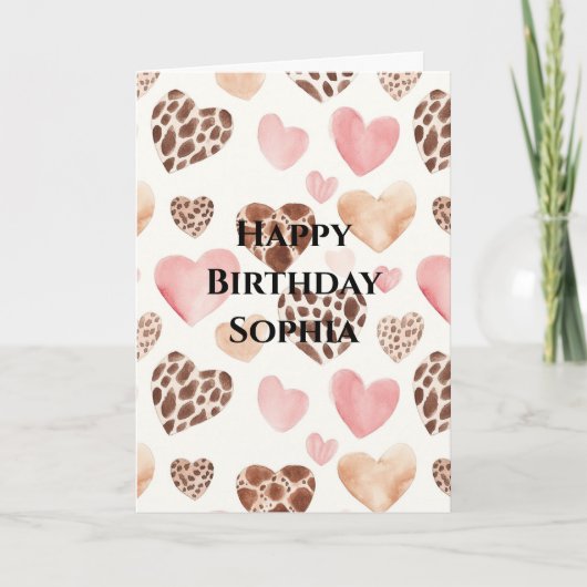 Carte Crème Brown rose Leopard Coeurs animaux Anniversai (Devant)