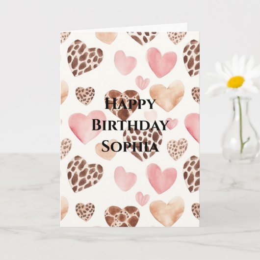 Carte Crème Brown rose Leopard Coeurs animaux Anniversai (Petite plante)