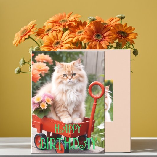 Carte Crème et gingembre Tabby Chat en Wagon rouge Anniv