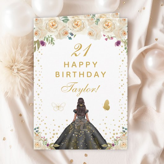Carte Crème Floral Fille de peau foncée Joyeux anniversa