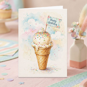 Carte Crème Glacée Vanille Aquarelle Joyeux Anniversaire