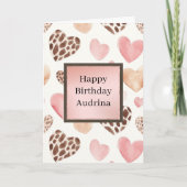 Carte Crème Rose Fard Léopard Coeurs Anniversaire (Devant)