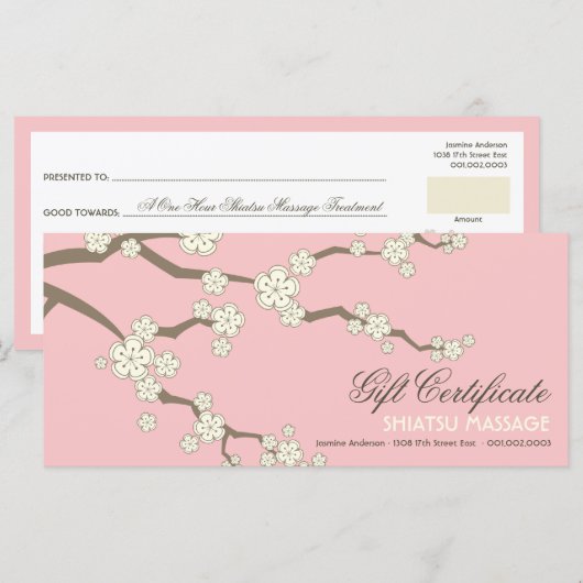 Carte Crème Sakura Cerry Blossoms Cadeau Zen Certificat (Devant / Derrière)