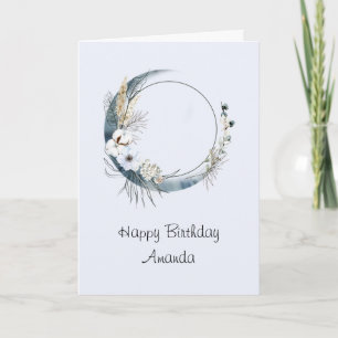 Carte Crescent Bleu Lune aux fleurs blanches Anniversair