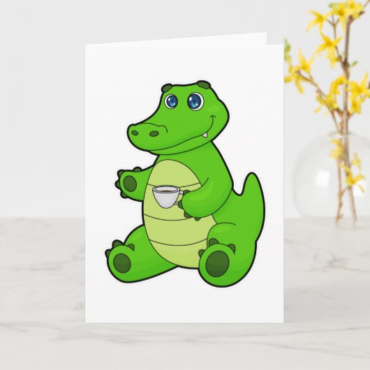 Carte Crocodile avec tasse de café (Fleur jaune)
