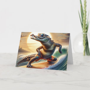 Carte Crocodile d'anniversaire sur une planche de surf
