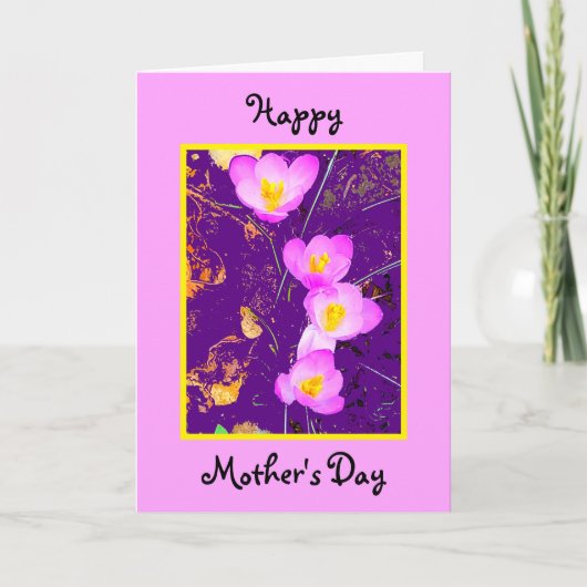 Carte Crocus violets Bordure rose Fête des Mères (Devant)