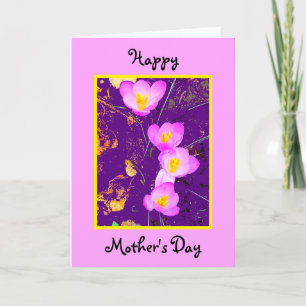 Carte Crocus violets Bordure rose Fête des Mères