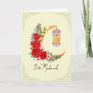 Carte Croissant floral rose Lanterne islamique Aïd Mouba