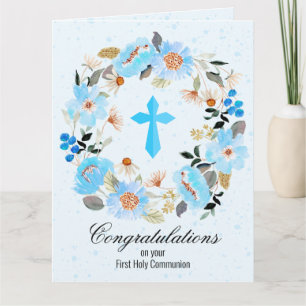 Carte Croix Bleue Première communion de germe de fleurs