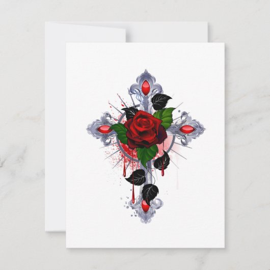 Carte Croix d'argent avec une rose rouge (Devant)