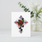Carte Croix d'argent avec une rose rouge (Debout devant)