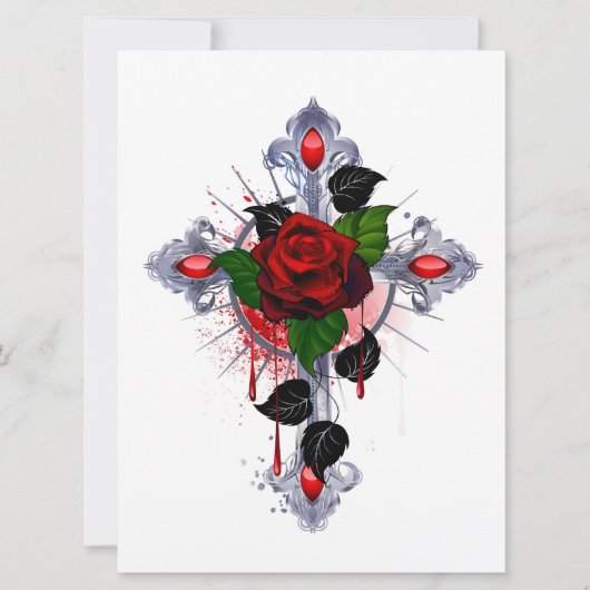 Carte Croix d'argent avec une rose rouge (Devant)