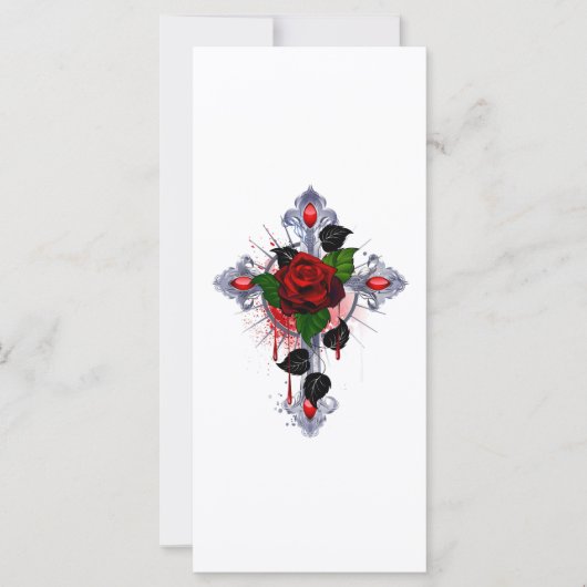 Carte Croix d'argent avec une rose rouge (Devant)