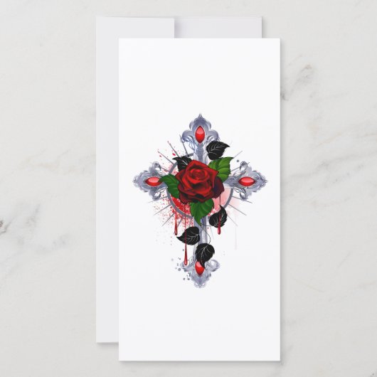 Carte Croix d'argent avec une rose rouge (Devant)
