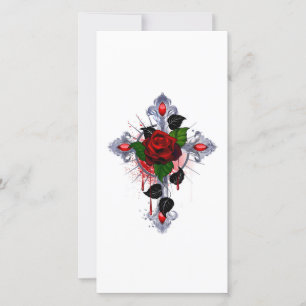 Carte Croix d'argent avec une rose rouge