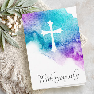 Carte Croix de condoléances de couleur bleu violet aquar