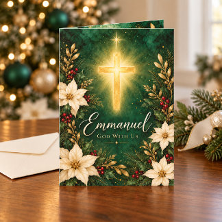 Carte Croix de Noël Emmanuel aux poinsettias ivoire