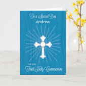 Carte Croix de première communion avec nom de garçon per (Fleur jaune)