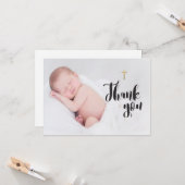 Carte Croix d'or Merci bébé photo Baptême (Devant/Arrière en situation)