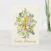Carte Croix dorée et roses roses Pâques personnalisés (Devant)